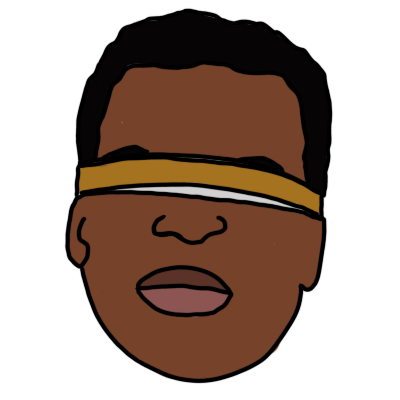 a drawing of the head of Geordi La Forge, a Black, blind man from Star Trek. He is wearing a VISOR.